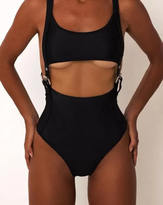 Adjusting Buckle Bandage Hollow One-Piece Swimwear