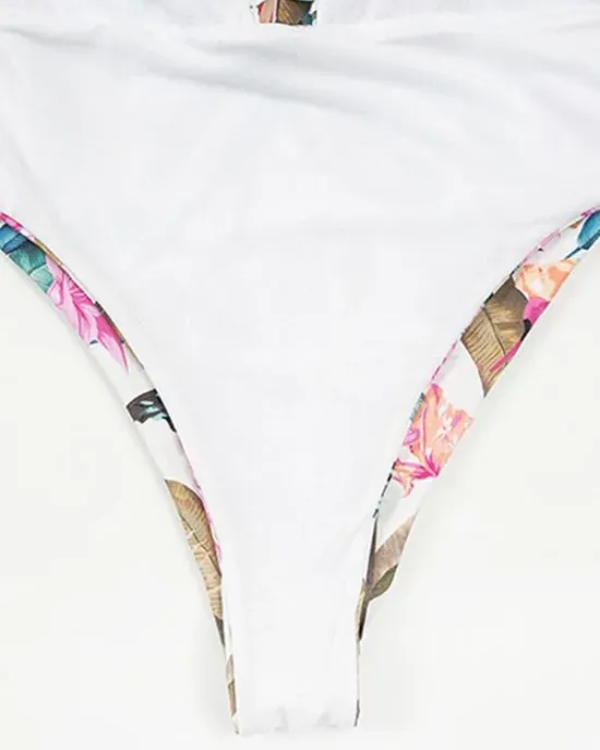 Floral-Print Bandage Hollow Split Bikini Swimsuit