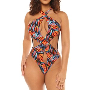 Floral-Print Bandage Hollow One-Piece Swimwear