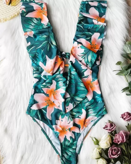Floral Falbala Backless One-Piece Swimsuit Floral Falbala Backless One-Piece Swimsuit