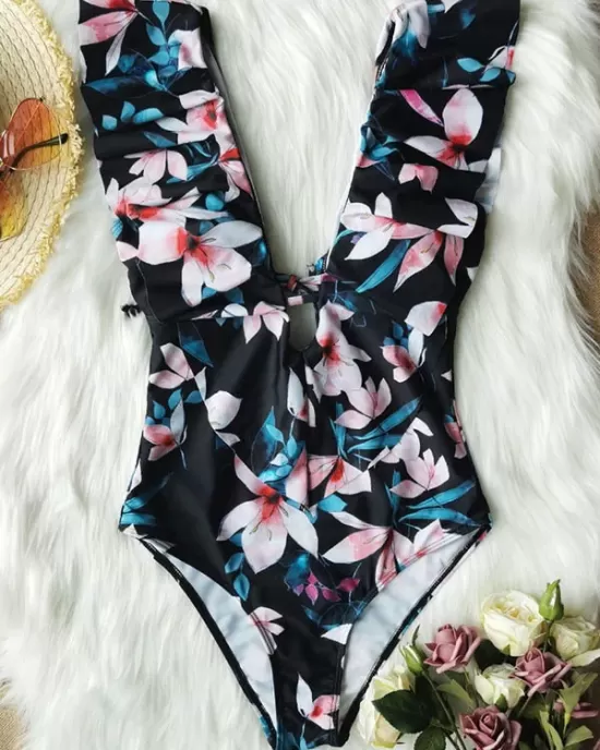 Floral Falbala Backless  One-Piece Swimsuit