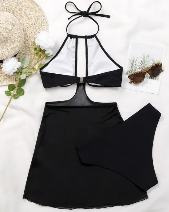 Solid Color Hollow See-Through One-Piece Swimwear