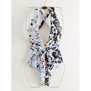 Deep V-Neck Leopard Double Color Split-Joint Bandage One-Piece Swimwear