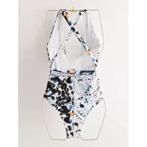 Deep V-Neck Leopard Double Color Split-Joint Bandage One-Piece Swimwear