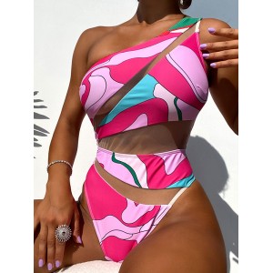 One Shoulder Hollow Color Block One Piece Swimsuit