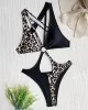 Backless Belly-Hollow Color-Block Leopard Padded Halter-Neck One-Piece Swimwear