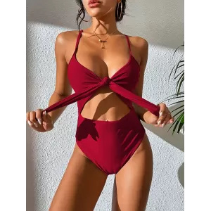 Bandage Belly-Hollow Solid Color Padded Deep V-Neck One-Piece Swimwear