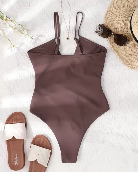 Bandage Belly-Hollow Solid Color Padded Deep V-Neck One-Piece Swimwear