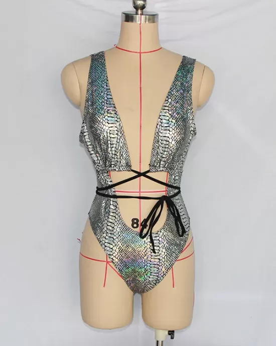 Padded Backless Bandage Hollow Snakeskin One-Piece Swimwear