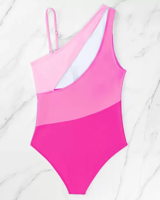 Color-Block Hollow Padded Spaghetti-Neck One-Piece Swimwear Color-Block Hollow Padded Spaghetti-Neck One-Piece Swimwear