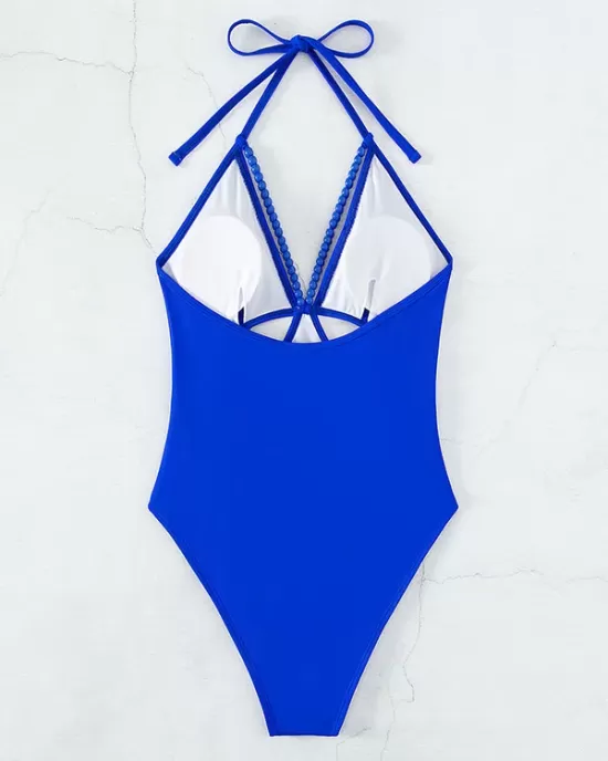 Backless Beads Hollow Solid Color Padded One-Piece Swimwear Backless Beads Hollow Solid Color Padded One-Piece Swimwear