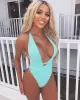 Padded Sleeveless Backless Belted Hollow Solid Color Woven Deep V-Neck One-Piece Swimwear