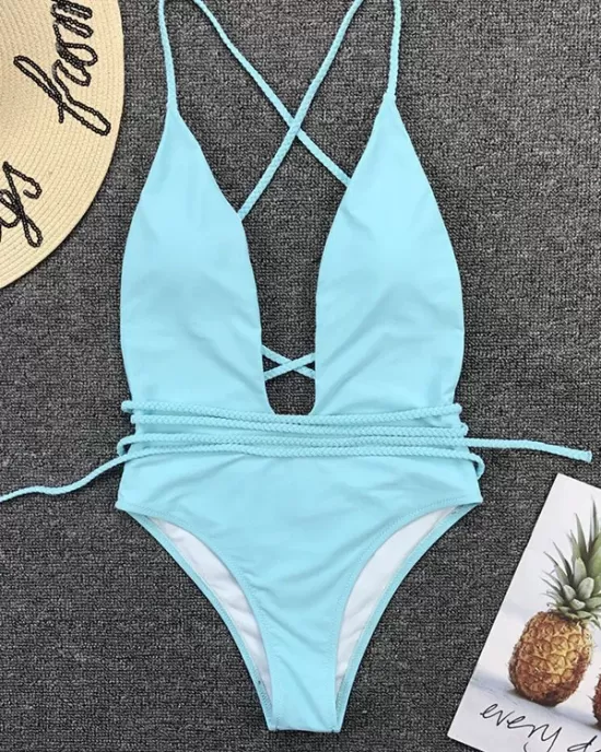 Padded Sleeveless Backless Belted Hollow Solid Color Woven Deep V-Neck One-Piece Swimwear Padded Sleeveless Backless Belted Hollow Solid Color Woven Deep V-Neck One-Piece Swimwear