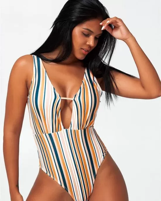 Sexy Deep V-Neck Hollow Stripes One-Piece Bikini Swimwear