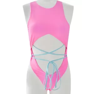 Solid Color Hollow Bandage One-Piece Swimsuit
