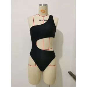 One-Shoulder Hollow Solid Color One-Piece Swimsuit