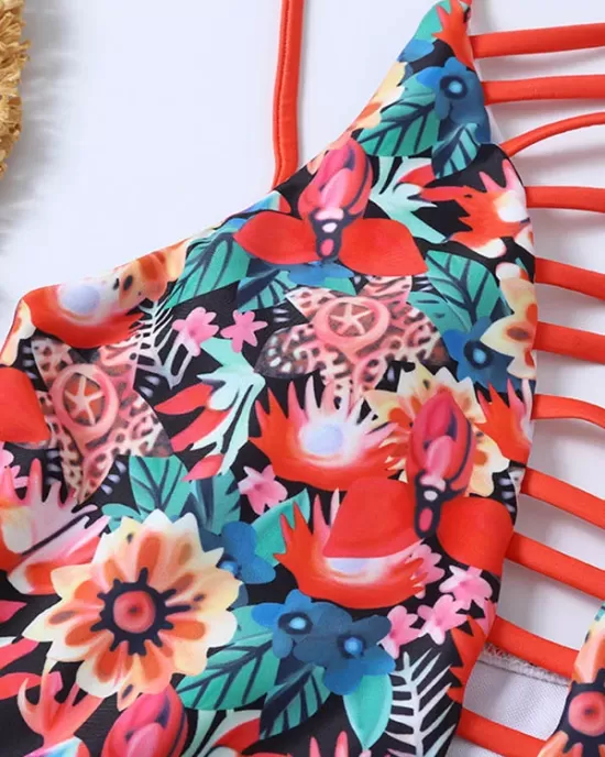 Floral Spaghetti-Neck Backless Hollow One-Piece Swimwear