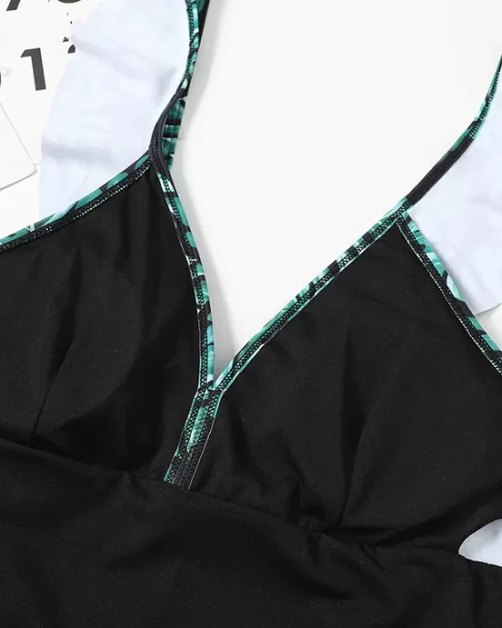 Short Sleeve Falbala Color-Block Backless One-Piece Swimwear Short Sleeve Falbala Color-Block Backless One-Piece Swimwear