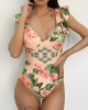 Deep V-Neck Falbala Padded Backless One-Piece Swimwear