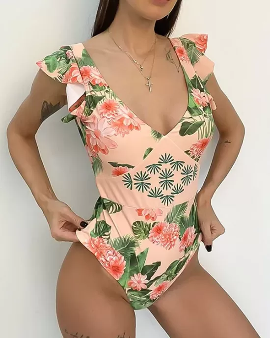 Deep V-Neck Falbala Padded Backless One-Piece Swimwear