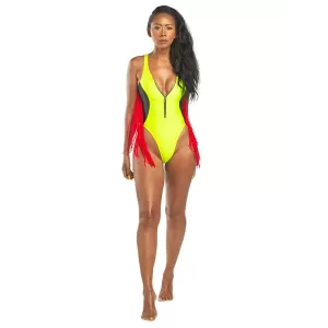 Color-Block V-Neck Zipper Split-Joint Tasseled One-Piece Swimwear