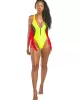 Color-Block V-Neck Zipper Split-Joint Tasseled One-Piece Swimwear