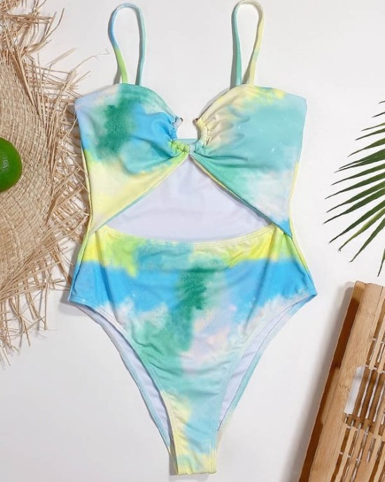 Tie-Dyed Split-Joint Hollow Slim Spaghetti-Neck One-Piece Swimwear Tie-Dyed Split-Joint Hollow Slim Spaghetti-Neck One-Piece Swimwear