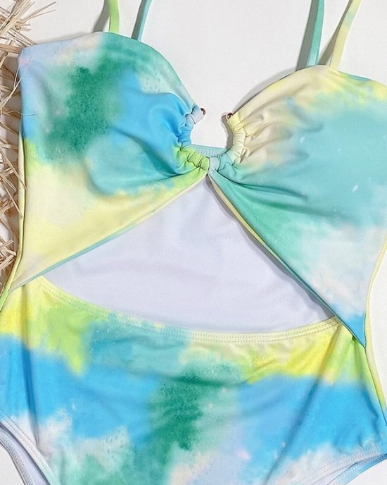 Tie-Dyed Split-Joint Hollow Slim Spaghetti-Neck One-Piece Swimwear Tie-Dyed Split-Joint Hollow Slim Spaghetti-Neck One-Piece Swimwear