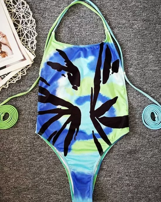 Color Blooming Spaghetti-Neck Padded Backless Bandage One-Piece Swimwear Color Blooming Spaghetti-Neck Padded Backless Bandage One-Piece Swimwear