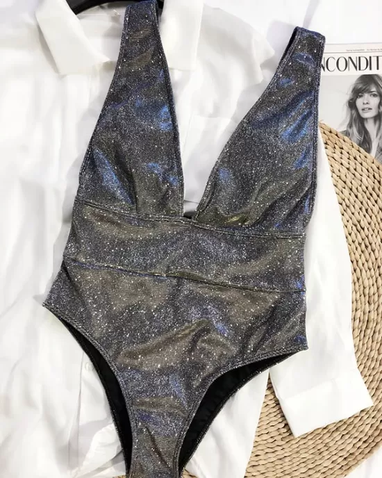 Deep V-Neck Sequined Padded Backless One-Piece Swimwear Deep V-Neck Sequined Padded Backless One-Piece Swimwear