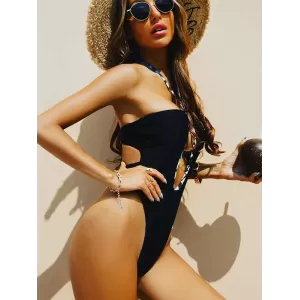Strapless Hollow Solid Color Backless Slim One-Piece Swimwear