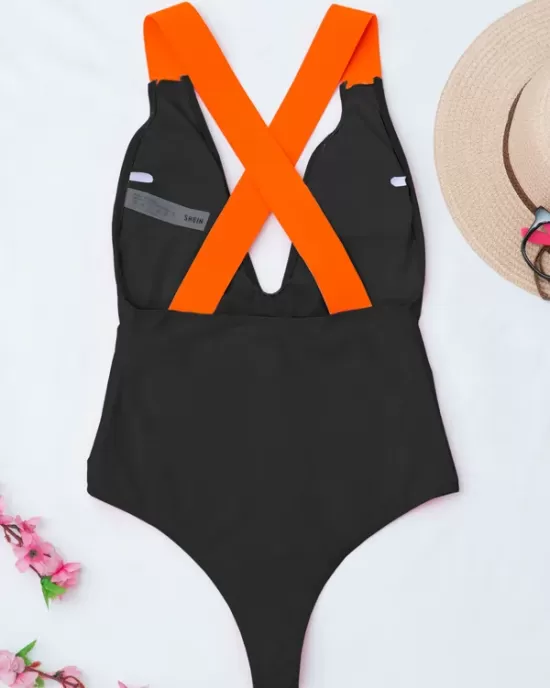 Deep V-Neck Solid Color Sexy Slim Backless One-Piece Swimwear