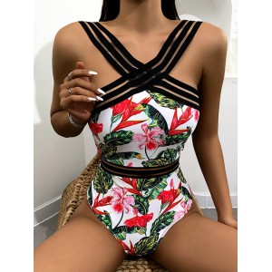 Strapless Floral Padded Backless Split-Joint One-Piece Swimwear