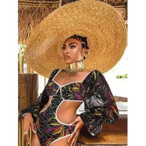 Belly-Hollow V-Neck Floral Flared Sleeves One-Piece Monokini Swimwear