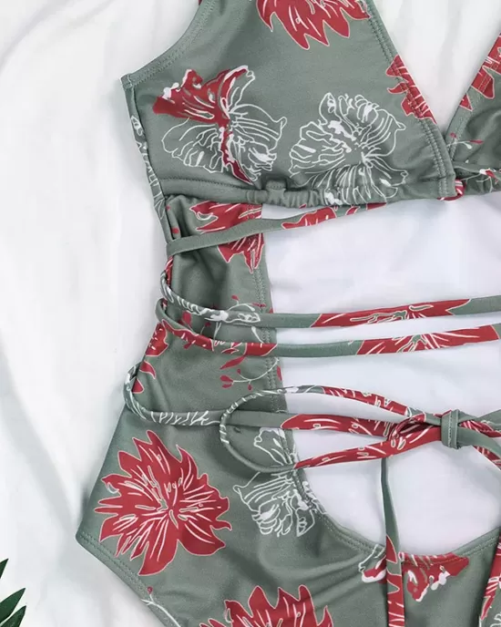 Floral Print Bandage Hollow Backless Sexy Slim One-Piece Swimwear Floral Print Bandage Hollow Backless Sexy Slim One-Piece Swimwear