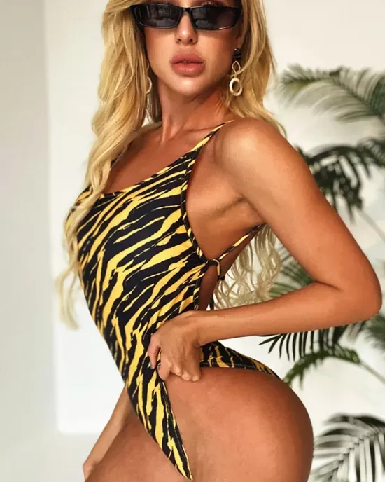 Spaghetti-Neck Tiger Print Backless Sey Slim One-Piece Swimwear