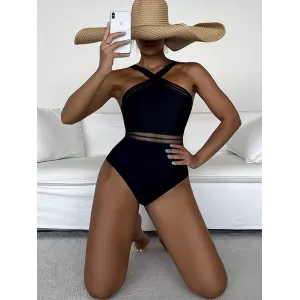 Solid Color See-Through Backless One-Piece Swimwear