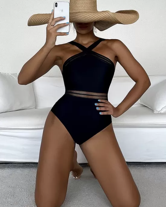 Solid Color See-Through Backless One-Piece Swimwear Solid Color See-Through Backless One-Piece Swimwear