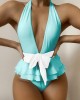 Plunging Contrast Color Bandage Falbala One-Piece Swimwear Plunging Contrast Color Bandage Falbala One-Piece Swimwear