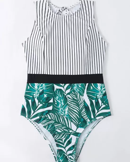 Striped+Floral Printed Split-Joint One-Piece Swimwear Striped+Floral Printed Split-Joint One-Piece Swimwear