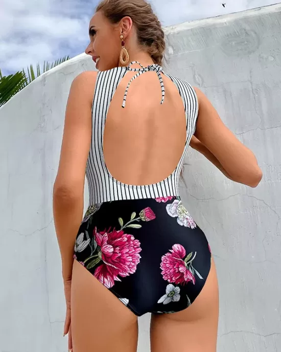 Striped+Floral Printed Split-Joint One-Piece Swimwear Striped+Floral Printed Split-Joint One-Piece Swimwear