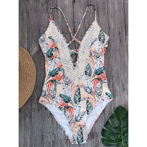 V-Neck Lace Spaghetti-Neck One-Piece Swimwear