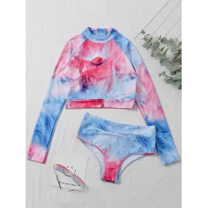 Tie-Dyed Long Sleeve High-Waisted Split Rash Guards