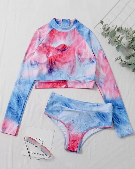 Tie-Dyed Long Sleeve High-Waisted Split Rash Guards Tie-Dyed Long Sleeve High-Waisted Split Rash Guards