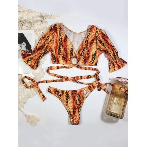 V-Neck Bandage Short Sleeves Printing Bikini Swimsuit