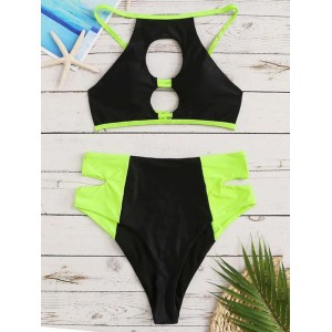 Patchwork Hollow Split Bikini Swimsuit