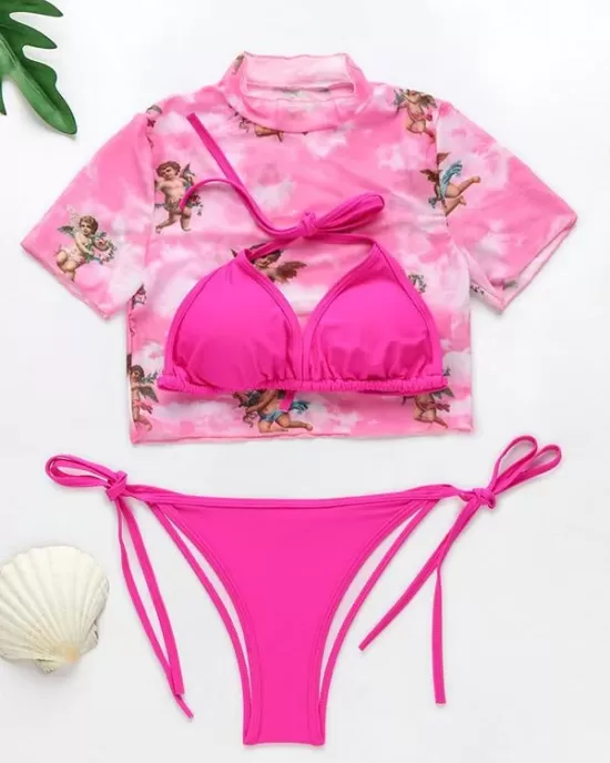 Printed Triangles+T-Shirt Three-Piece Set Tankini Swimsuit Printed Triangles+T-Shirt Three-Piece Set Tankini Swimsuit