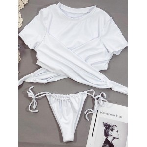 Stylish Bandage Split-Joint Short Sleeve Split Tankini Swimsuit