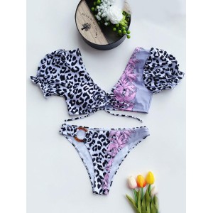 Asymmetric Leopard Print  Puff Sleeves Embellished Split Tankini Swimsuit