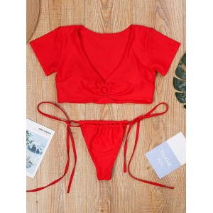 Solid Color Sexy Bandage Short Sleeve Split Tankini Swimsuit